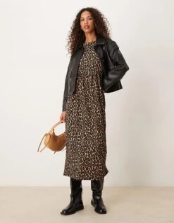 New Look Crinkle Bow Back Smock Midi Dress In Leopard Print For Women 29-brown Pattern