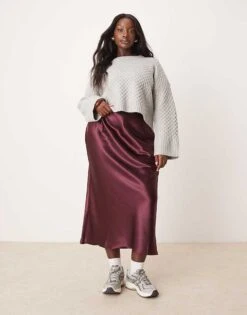 New Look Plus New Look Curve Satin Midi Bias Skirt In Burgundy For Women