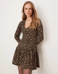 New Look Crinkle Mini Dress In Leopard Print For Women 29-brown Pattern