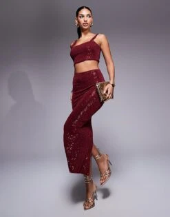 New Look Sequin Midi Skirt Co-ord In Burgundy