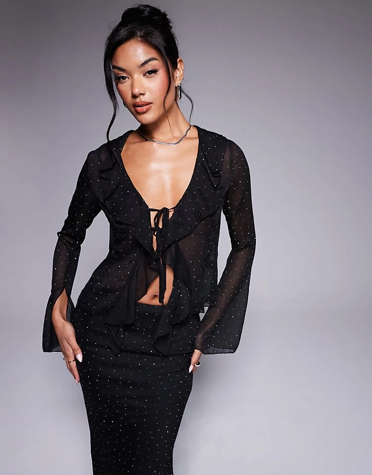 New Look Embellished Blouse & Skirt Co-ord In Black - Image 2