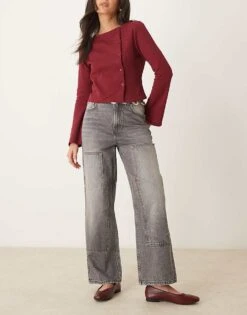 New Look Wide Leg Carpenter Jeans In Washed Grey For Women