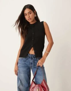 New Look Button Up Knitted Vest In Black For Women 01-black | 1