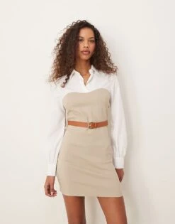 New Look Belted 2in1 Mini Shirt Dress In Stone For Women
