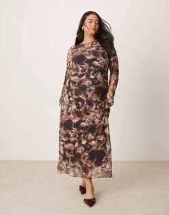 New Look Plus New Look Curve Mesh Ruched Midi Dress In Cream Pattern For Women