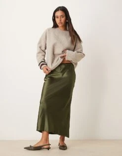 New Look Satin Midi Bias Skirt In Khaki For Women