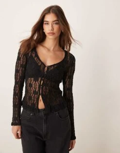 New Look Lace Button Down Cardigan In Black For Women 01-black