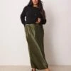 New Look Plus New Look Curve Satin Midi Bias Skirt In Khaki For Women