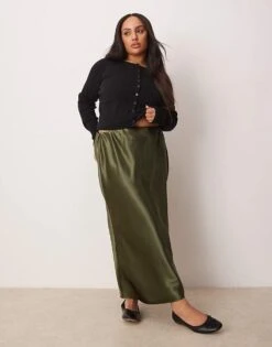 New Look Plus New Look Curve Satin Midi Bias Skirt In Khaki For Women