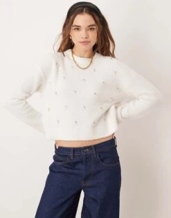 New Look Boucle Embellished Jumper In Cream For Women