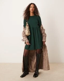 New Look Long Sleeve Jersey Mini Smock Dress In Green For Women Dark Green