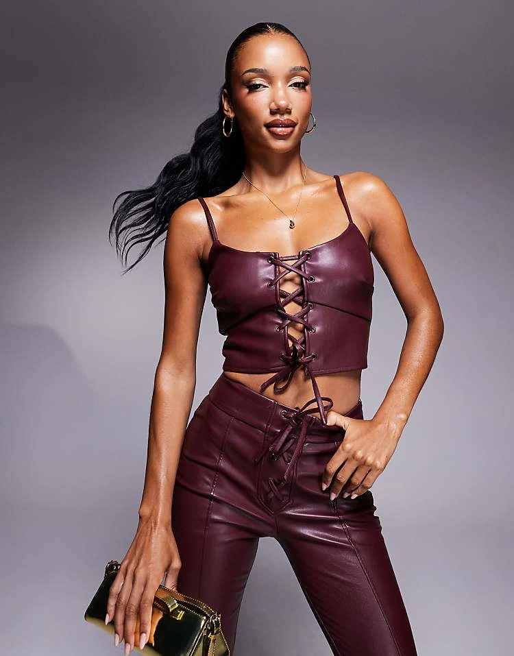 New Look Leather Look Trouser Co-ord In Dark Burgundy - Image 2