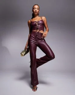 New Look Leather Look Trouser Co-ord In Dark Burgundy