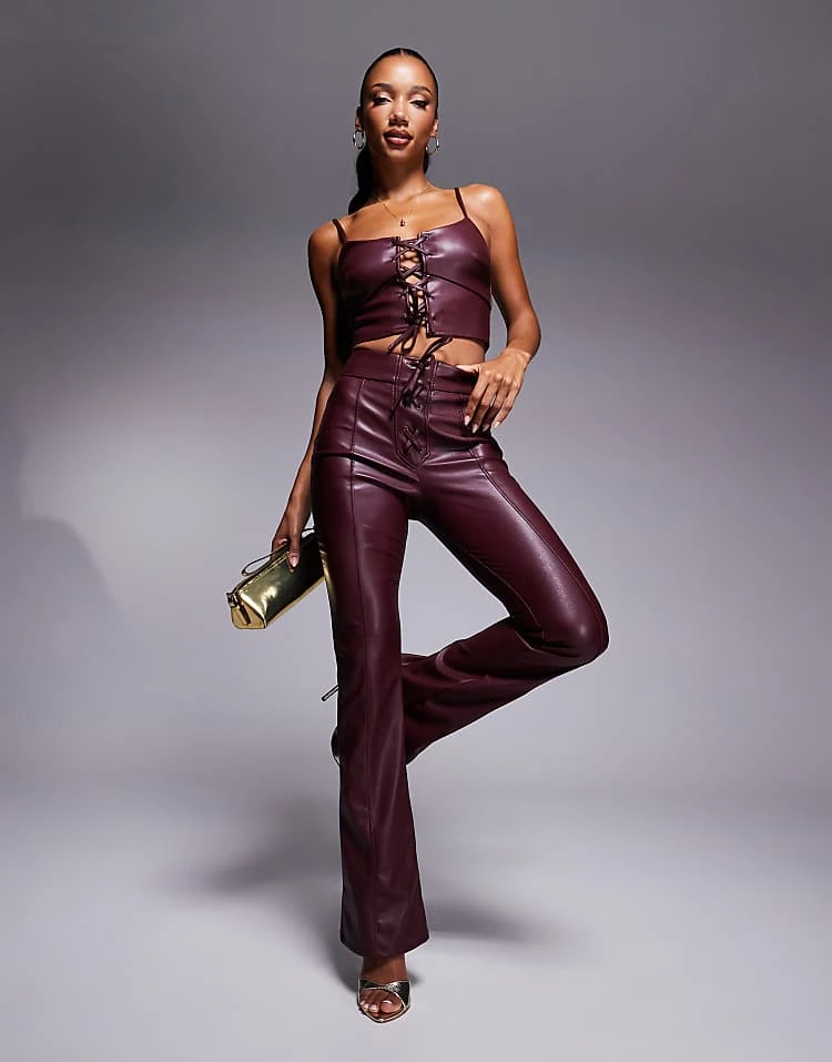 New Look Leather Look Trouser Co-ord In Dark Burgundy