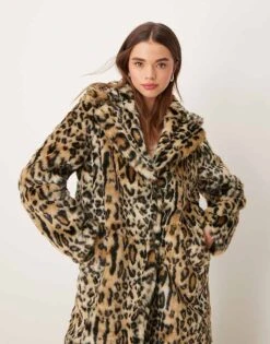New Look Faux Fur Coat In Leopard Print For Women Brown