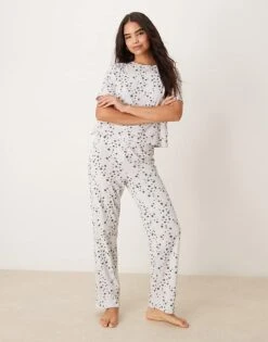 New Look Wide Leg Pyjama Set In Grey Star Print For Women