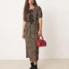 New Look Tie Front Midi Dress In Leopard Print For Women 29-brown Pattern
