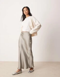 New Look Petite Satin Midi Bias Skirt In Grey For Women