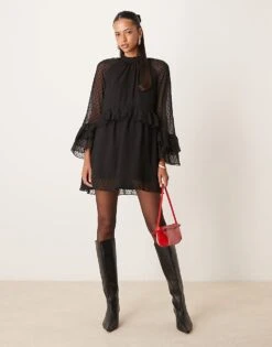 New Look Chiffon Ruffle Mini Dress In Black For Women