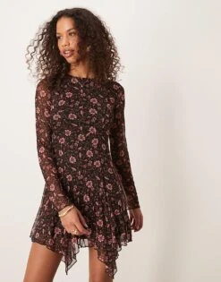 New Look Mesh Long Sleeve Mini Dress In Black Ditsy Print For Women 09-black Pattern