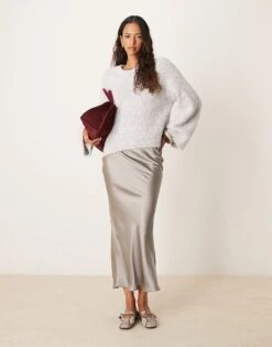 New Look Satin Midi Bias Skirt In Grey For Women