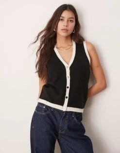 New Look Button Down Knitted Waitcoat In Black For Women
