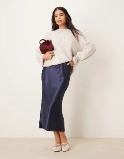 New Look Satin Midi Bias Skirt In Navy For Women