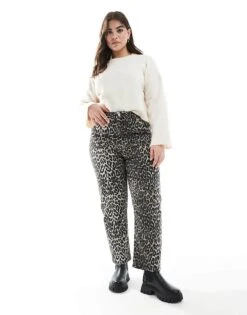 New Look Plus New Look Curve Hannah Straight Leg Jean In Leopard Print For Women Brown Pattern