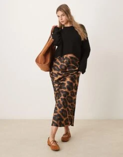 New Look Satin Midi Skirt In Leopard Print For Women 29-brown Pattern