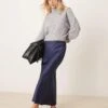 New Look Petite Satin Midi Bias Skirt In Navy For Women