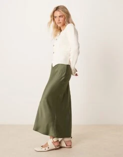 New Look Petite Satin Midi Bias Skirt In Khaki For Women
