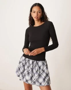 New Look Bubble Skirt Mini Dress In Check Print For Women 09-black Pattern