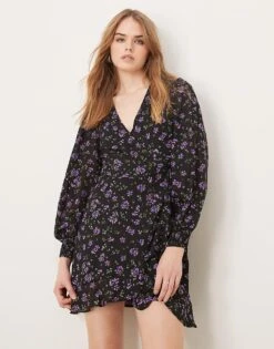 New Look Chiffon Wrap Mini Dress In Ditsy Floral For Women 09-black Pattern