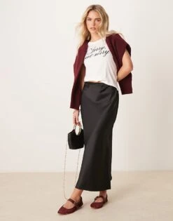 New Look Petite Satin Midi Bias Skirt In Black For Women