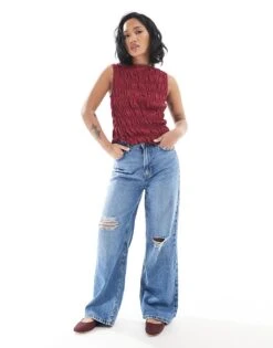 New Look Petite Ripped Wide Leg Jean In Mid Blue For Women