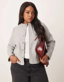 New Look Plus New Look Curve Collarless Button Down Jacket In Grey For Women Dark Grey