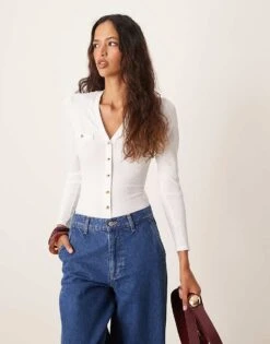 New Look V Neck Button Down Long Sleeve Bodysuit In Off White For Women