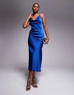 New Look Cowl Neck Satin Midi Dress In Mid-blue For Women Aqua