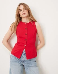 New Look Crew Neck Waistcoat In Red For Women Bright Red