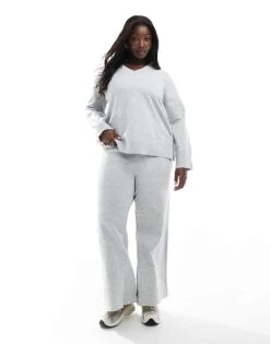 New Look Plus New Look Curve Co-ord Wide Leg Knitted Trousers In Light Grey