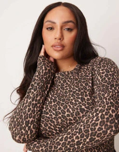New Look Plus New Look Curve Long Sleeve Bodysuit In Leopard Print For Women Brown Pattern