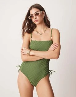 New Look Monogram Square Neck Swimsuit In Khaki For Women Dark Khaki
