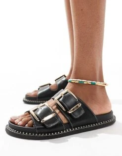 New Look Contrast Stitch Double Strap Sandal In Black For Women