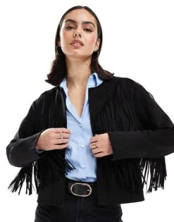 New Look Fringe Collarless Suedette Jacket In Black For Women