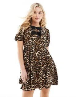 New Look Bow Front Mini Smock Dress In Leopard Print For Women Brown Pattern