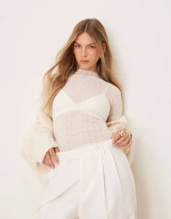 New Look Lace High Neck Long Sleeve Top In Cream For Women