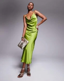 New Look Cowl Neck Satin Midi Dress In Green For Women
