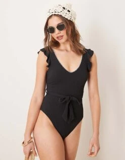 New Look Blanket Stitch Frill Sleeve Swimsuit In Black For Women