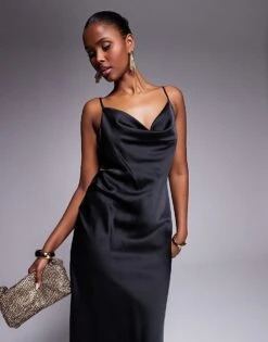 New Look Cowl Neck Satin Midi Dress In Black For Women