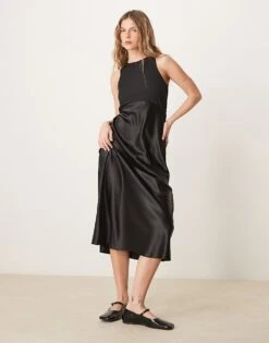 New Look Satin Mix Midi Dress In Black For Women